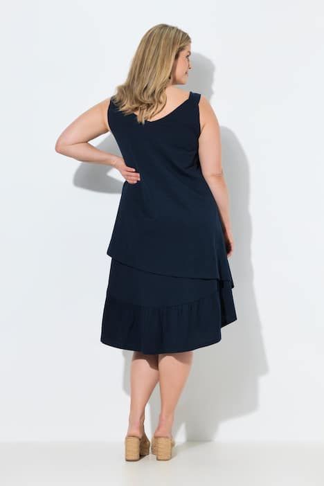 Robe midi en coton bio texturé, décolleté en V, sans manches