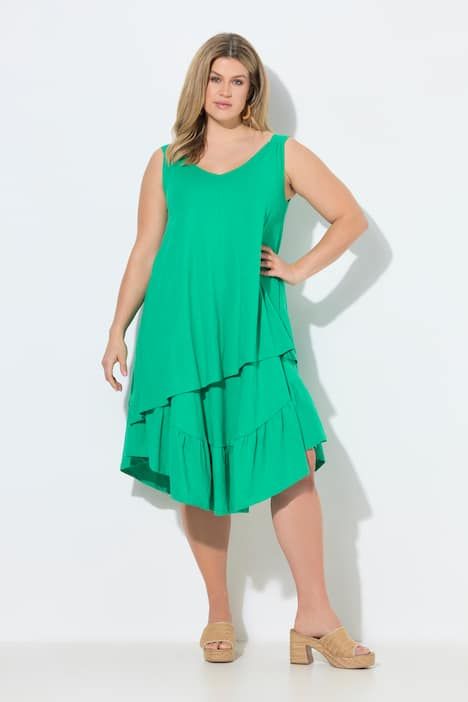 Robe midi en coton bio texturé, décolleté en V, sans manches