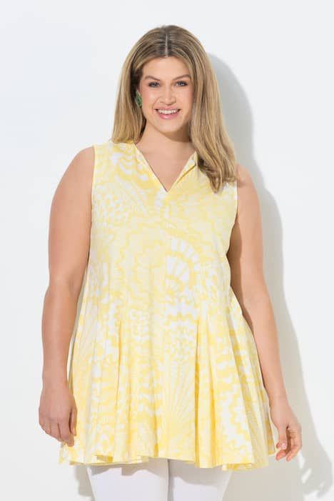 Haut sans manches, motif coquillages, col tunisien et plis godet