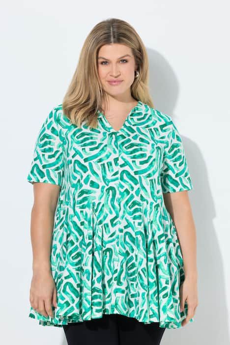 Long t-shirt à plis godet, col tunisien et manches courtes