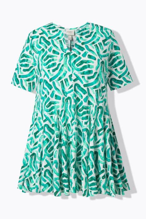 Long t-shirt à plis godet, col tunisien et manches courtes