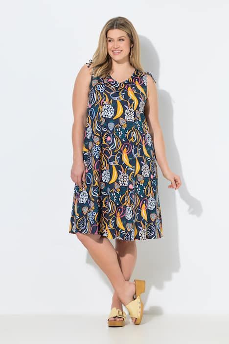 Robe midi en coton bio, motif fruits et décolleté en V, sans manches