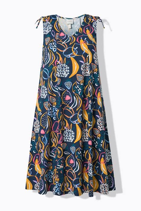 Robe midi en coton bio, motif fruits et décolleté en V, sans manches
