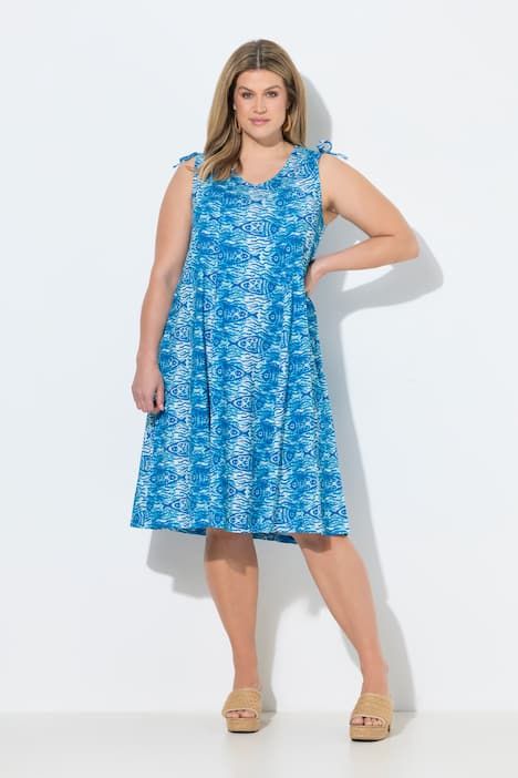 Robe midi en coton bio, motif poissons et décolleté en V, sans manches