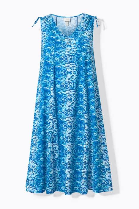 Robe midi en coton bio, motif poissons et décolleté en V, sans manches