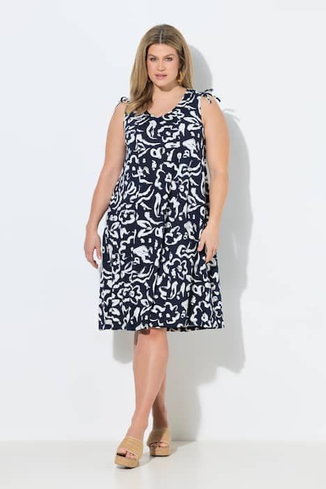 Robe midi sans manches, motif esquisses de fleurs, décolleté en V