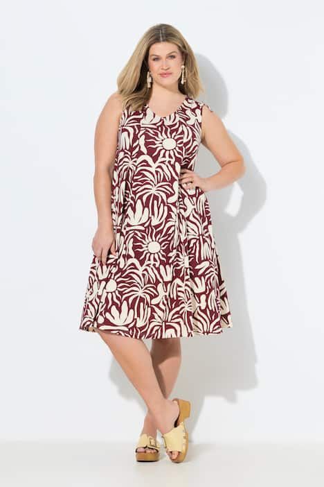 Robe midi en coton bio, motif tropical et décolleté en V, sans manches