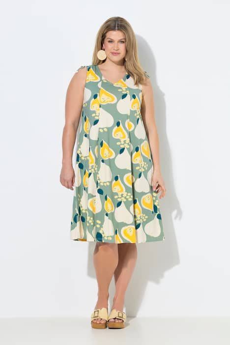 Robe midi en coton bio, motif poires et décolleté en V, sans manches