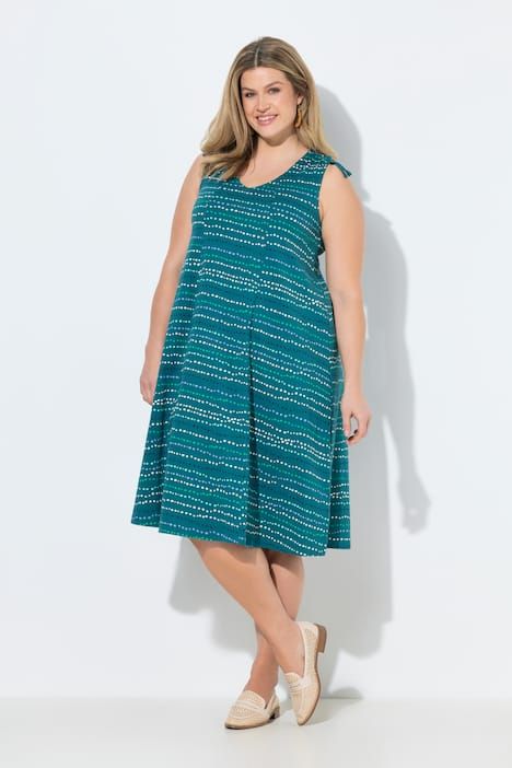 Robe midi en coton bio, motif lignes et décolleté en V, sans manches