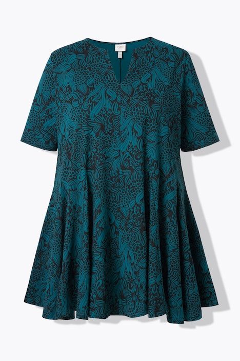 Blouse longue à plis godet, col tunisien et manches courtes