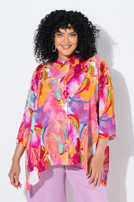 Chemisier motif aquarelle, col chemise et manches 3/4, coupe évasée