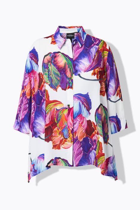 Chemisier motif aquarelle, col chemise et manches 3/4, coupe évasée
