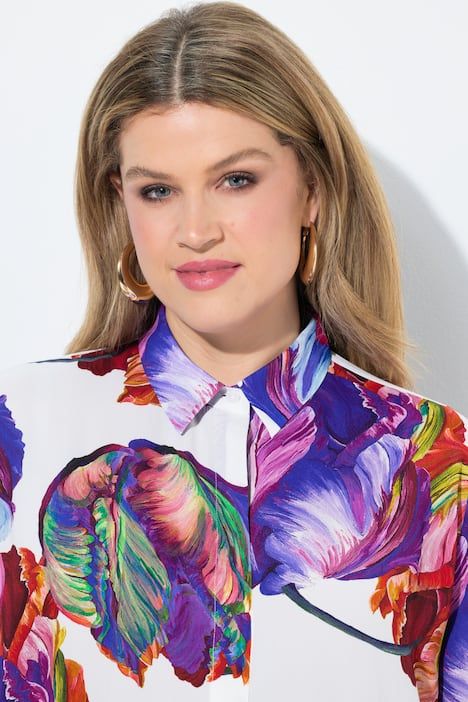 Chemisier motif aquarelle, col chemise et manches 3/4, coupe évasée