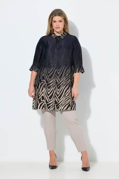 Chemisier long en satin, poches, col chemise et manches 3/4, coupe évasée