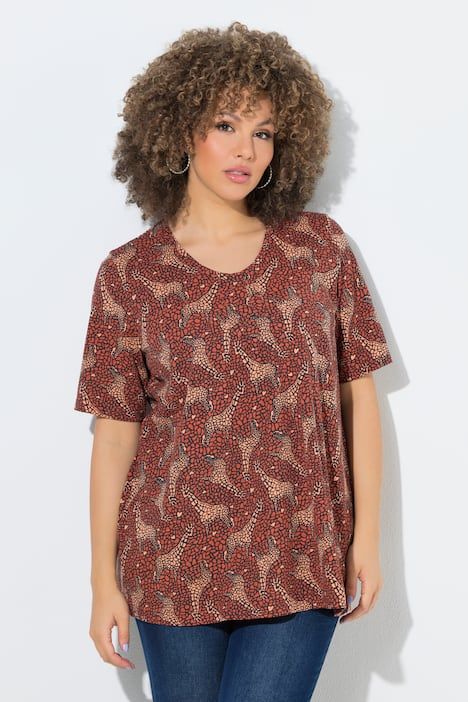 T-shirt motif girafes, décolleté en V et manches courtes, coupe évasée