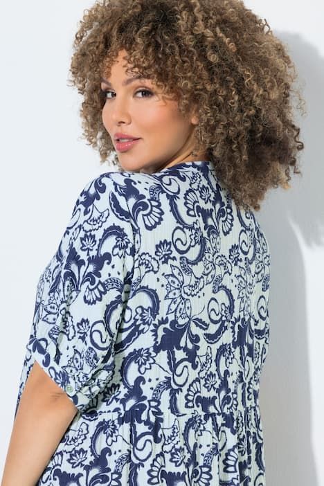 Robe en mousseline, col tunisien et manches courtes, coupe évasée