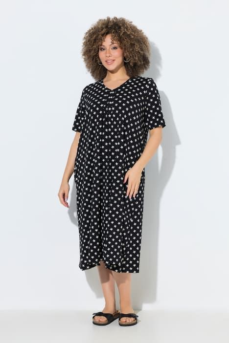 Robe midi motif étoiles, poches, décolleté en V et manches courtes