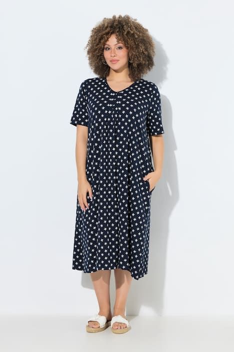 Robe midi motif étoiles, poches, décolleté en V et manches courtes