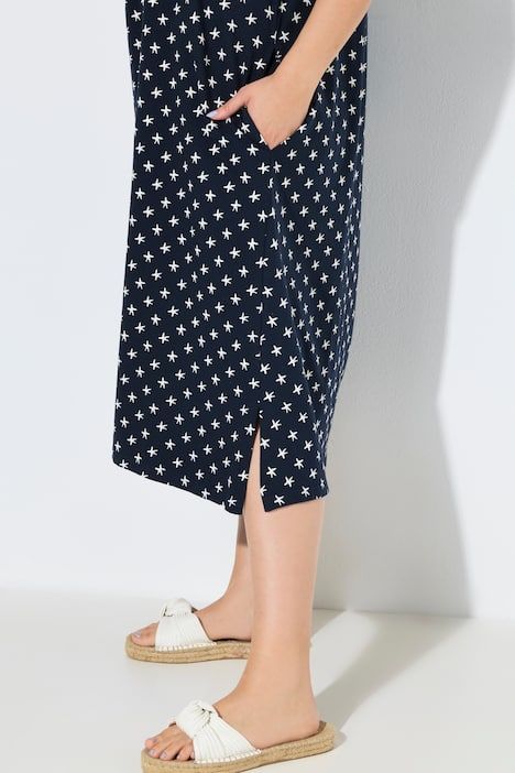 Robe midi motif étoiles, poches, décolleté en V et manches courtes