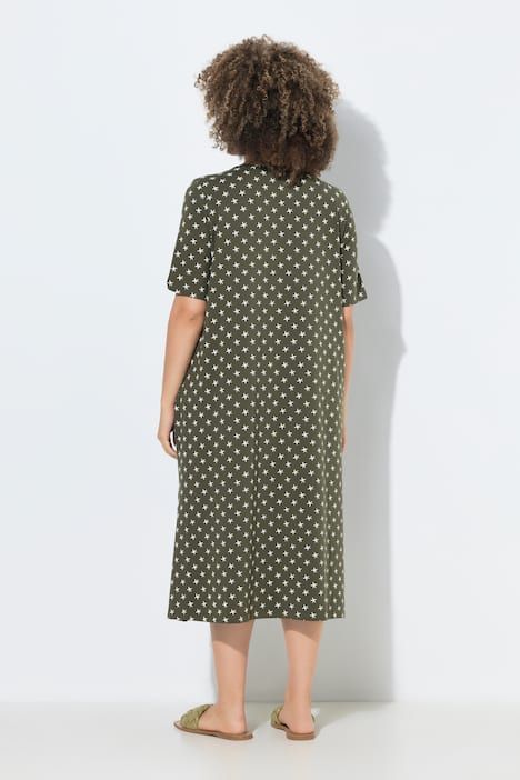 Robe midi motif étoiles, poches, décolleté en V et manches courtes