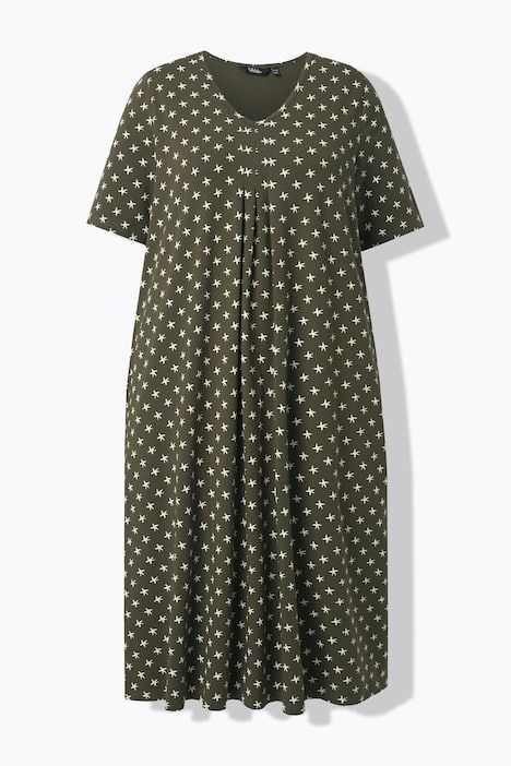 Robe midi motif étoiles, poches, décolleté en V et manches courtes