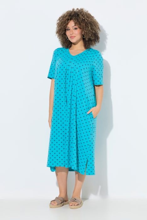 Robe midi motif étoiles, poches, décolleté en V et manches courtes