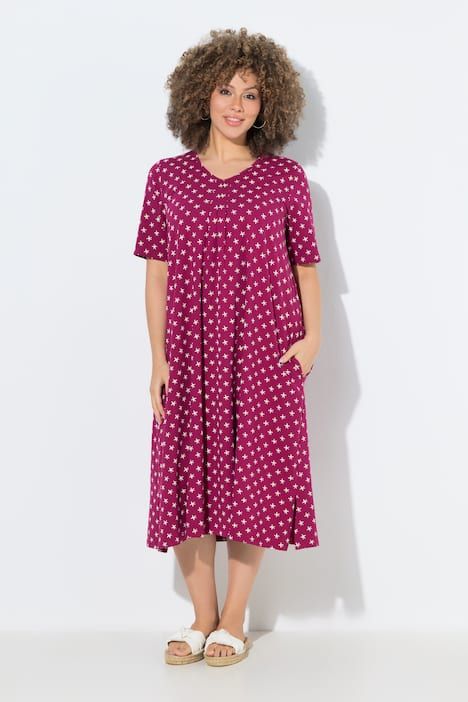 Robe midi motif étoiles, poches, décolleté en V et manches courtes
