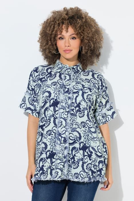 Chemisier en mousseline oversize, motif feuilles et franges à la base, manches courtes