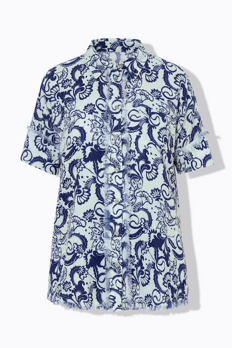 Chemisier en mousseline oversize, motif feuilles et franges à la base, manches courtes