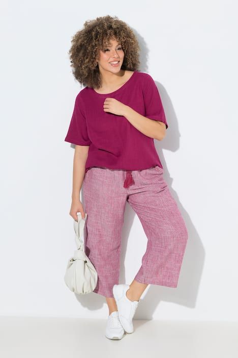 Jupe-culotte Rose en lin mélangé, fines rayures et jambe large