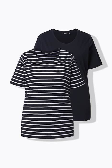 T-shirts en lot de 2, uni/rayures, décolleté en V et manches courtes