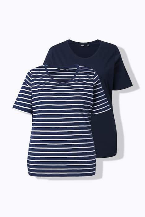 T-shirts en lot de 2, uni/rayures, décolleté en V et manches courtes