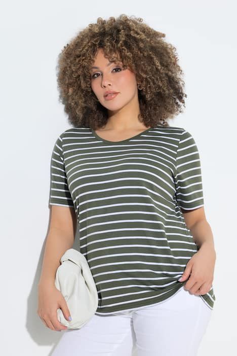 T-shirts en lot de 2, uni/rayures, décolleté en V et manches courtes