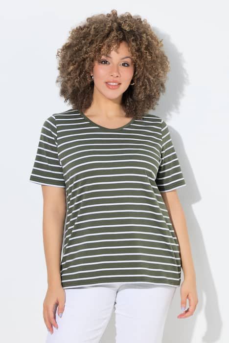 T-shirts en lot de 2, uni/rayures, décolleté en V et manches courtes