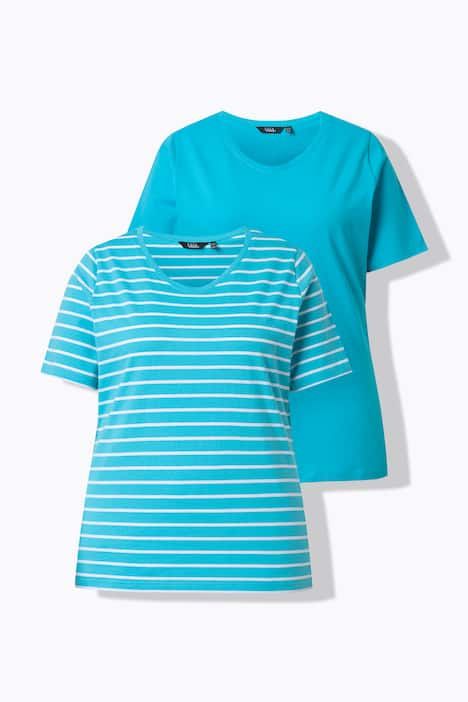 T-shirts en lot de 2, uni/rayures, décolleté en V et manches courtes