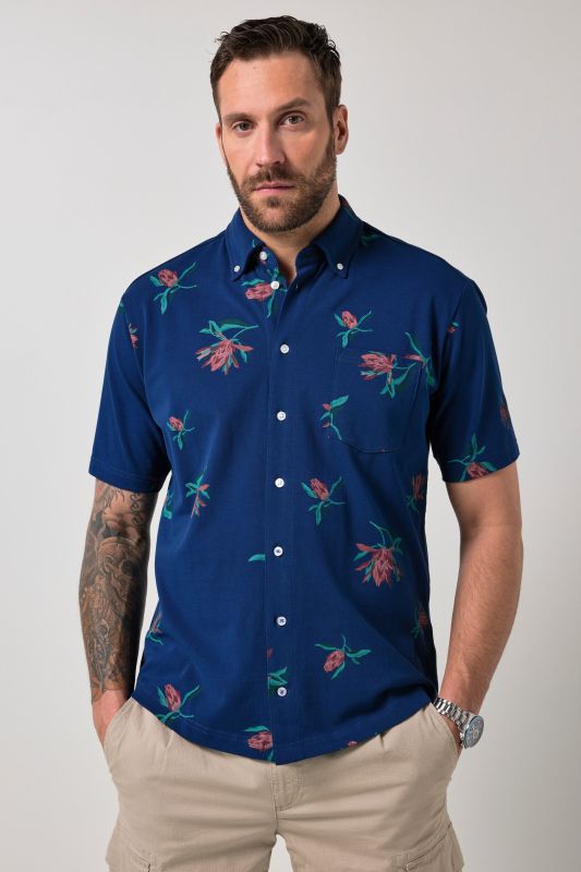 Chemise JP 1880 en maille piquée, manches courtes et col à pointes boutonnées, coupe Modern Fit - jusqu'au 8 XL
