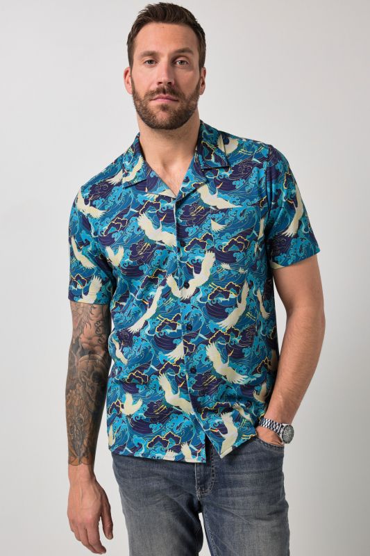 Chemise JP1880 en jersey, manches courtes, col cubain et imprimé all-over, coupe Cuba-Fit - jusqu'au 8 XL