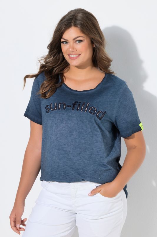 T-shirt, col rond, manches 1/2, broderie au point d'ourlet