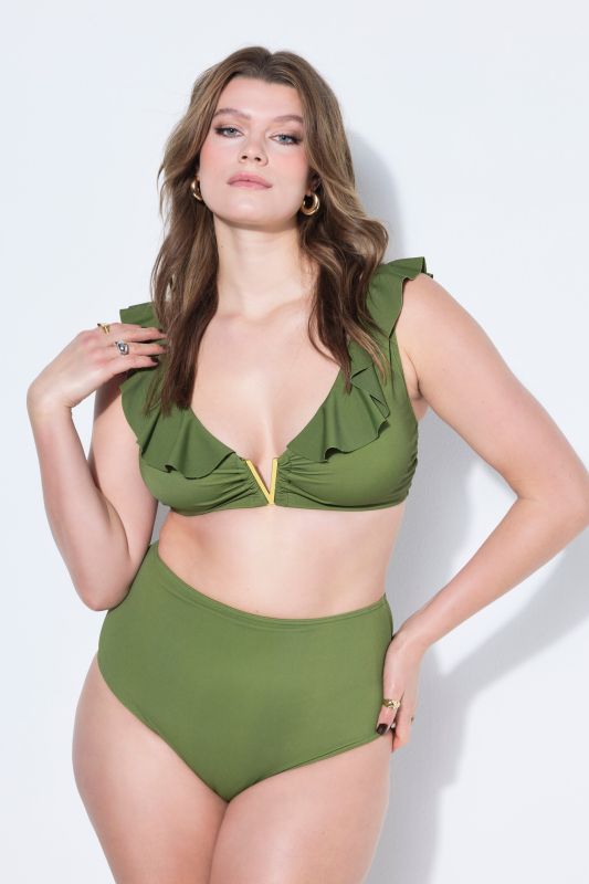 Haut de bikini imprimé, bonnets souples, barrette métallique en V