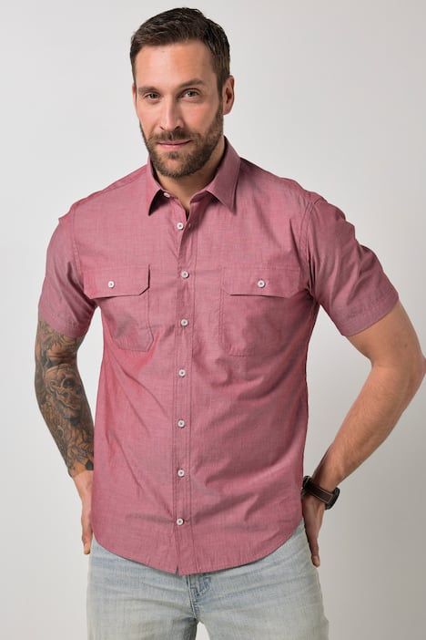 Chemise JP 1880 en chambray, manches courtes et col Kent, 2 poches, coupe Modern Fit - jusqu'au 8 XL