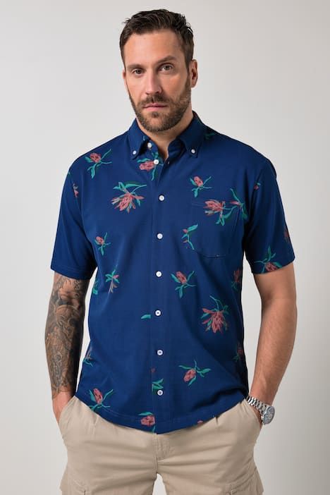 Chemise JP 1880 en maille piquée, manches courtes et col à pointes boutonnées, coupe Modern Fit - jusqu'au 8 XL