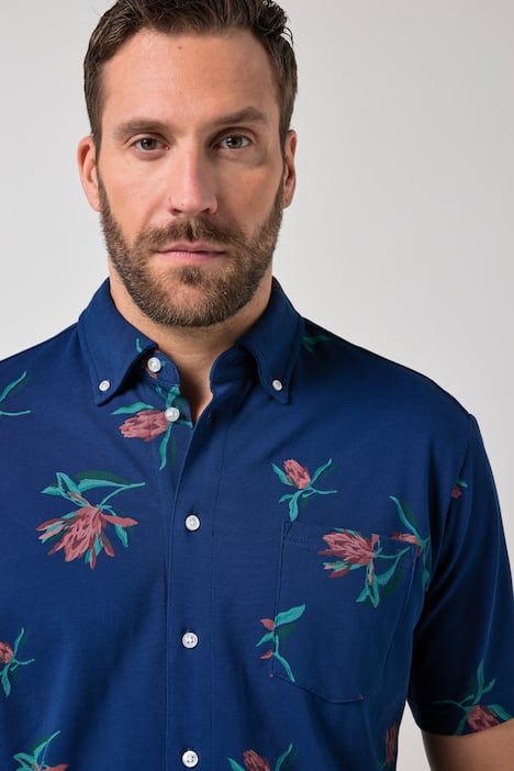 Chemise JP 1880 en maille piquée, manches courtes et col à pointes boutonnées, coupe Modern Fit - jusqu'au 8 XL