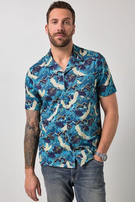 Chemise JP1880 en jersey, manches courtes, col cubain et imprimé all-over, coupe Cuba-Fit - jusqu'au 8 XL