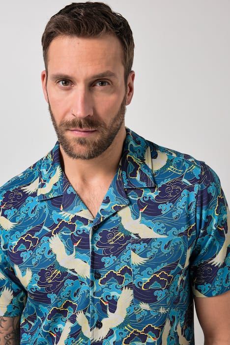 Chemise JP1880 en jersey, manches courtes, col cubain et imprimé all-over, coupe Cuba-Fit - jusqu'au 8 XL