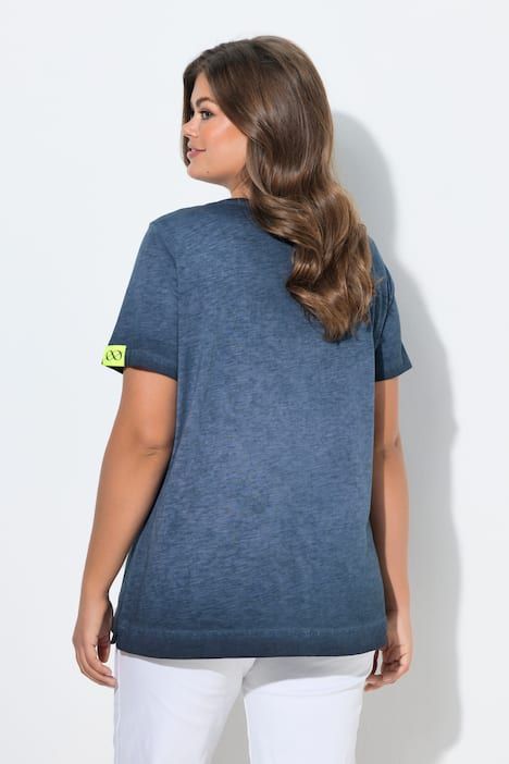 T-shirt, col rond, manches 1/2, broderie au point d'ourlet