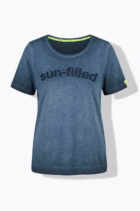 T-shirt, col rond, manches 1/2, broderie au point d'ourlet