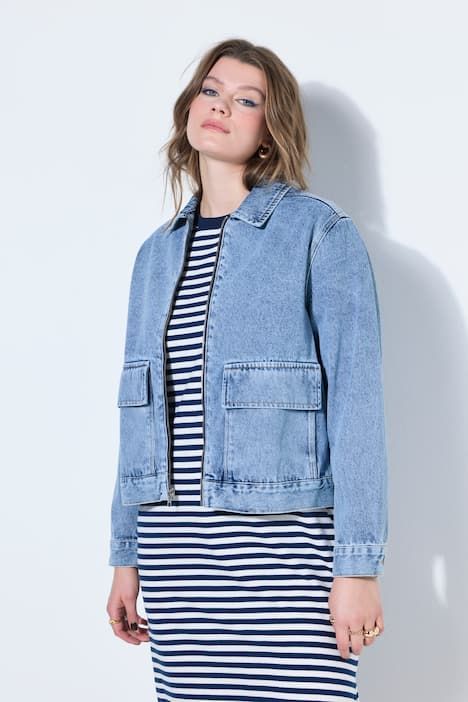 Veste en jean, coupe boxy, fermeture éclair, multi-poches