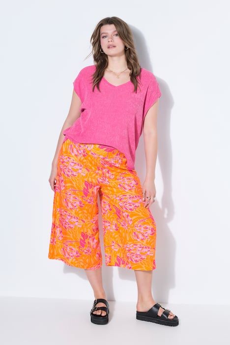 Pantacourt jambes larges, taille haute, imprimé feuilles