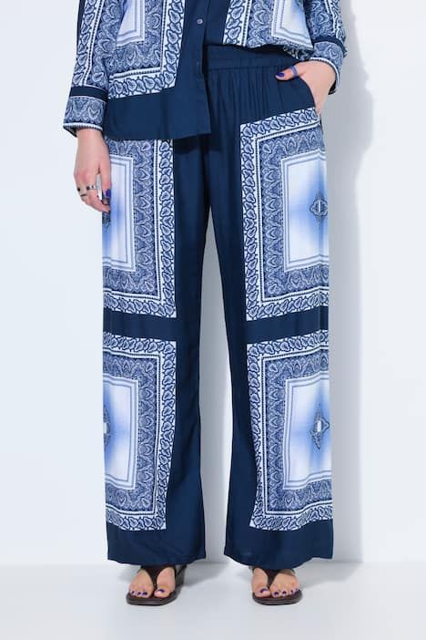 Pantalon jambes larges, taille haute, imprimé foulard