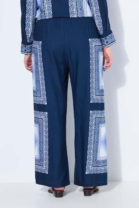 Pantalon jambes larges, taille haute, imprimé foulard